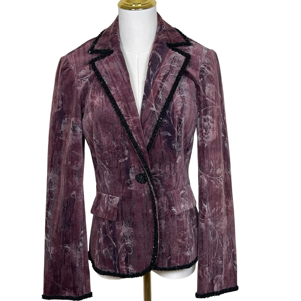 Vintage DStudio Velvet‎ Blazer Women 6 Purple Floral Beaded Trim Embellished